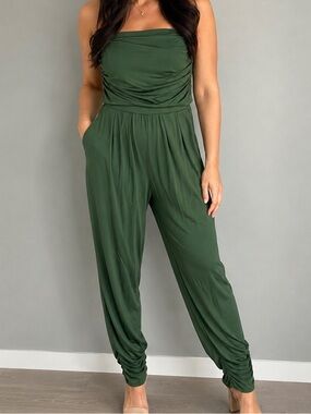 ADC Olive Green Strapless Jumpsuit with Pockets Ruched Ankle Size Medium
